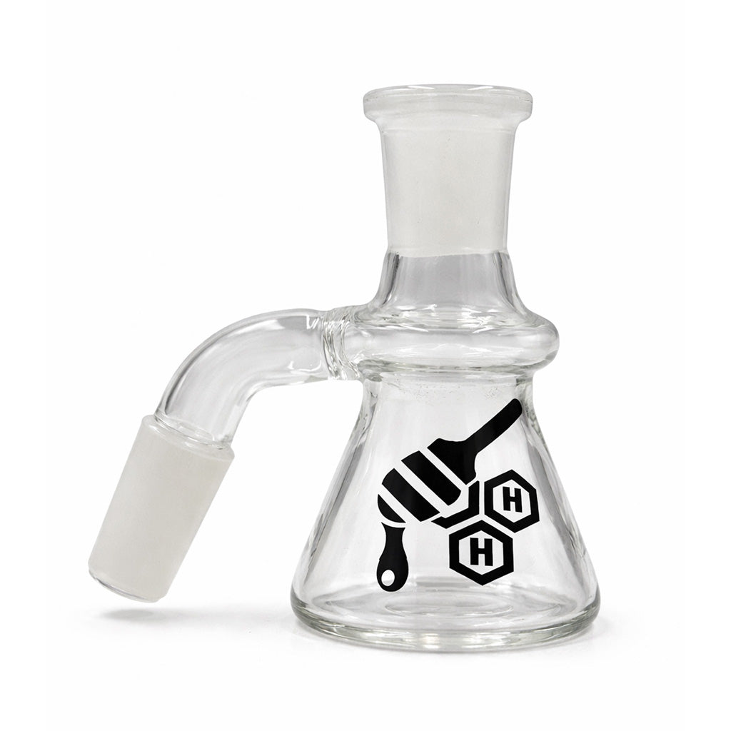 Beaker Base Glass Ash Catcher in clear glass with a 14mm male 45 degree joint to help keep your water pipe cleaner.