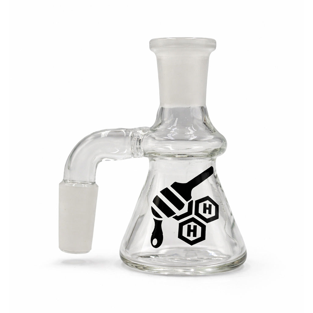 Clear beaker base glass ash catcher with 14mm male 90 degree joint for cleaner, smoother water pipe hits.