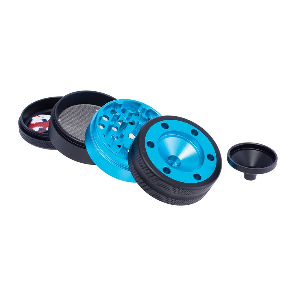 Best Aluminium Light-Blue Grinder With Cone Holder Funnel 4-Parts View