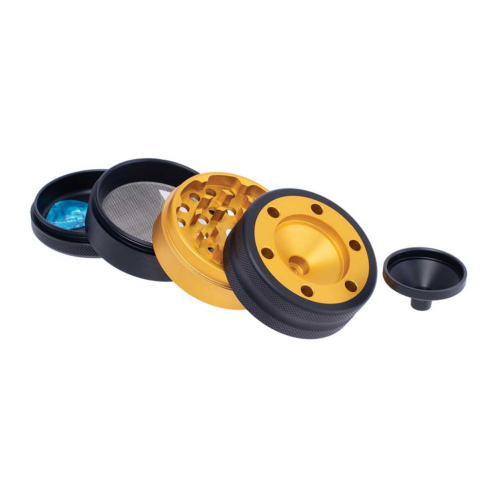 Best Aluminium Yellow Grinder With Cone Holder Funnel 4-Parts View