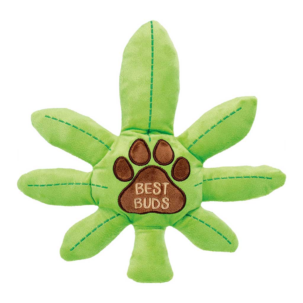 Front View Of Best Buds Squeaky Dog Toy Shaped Like A Green Leaf With Paw Design Available At Honeybee Herb