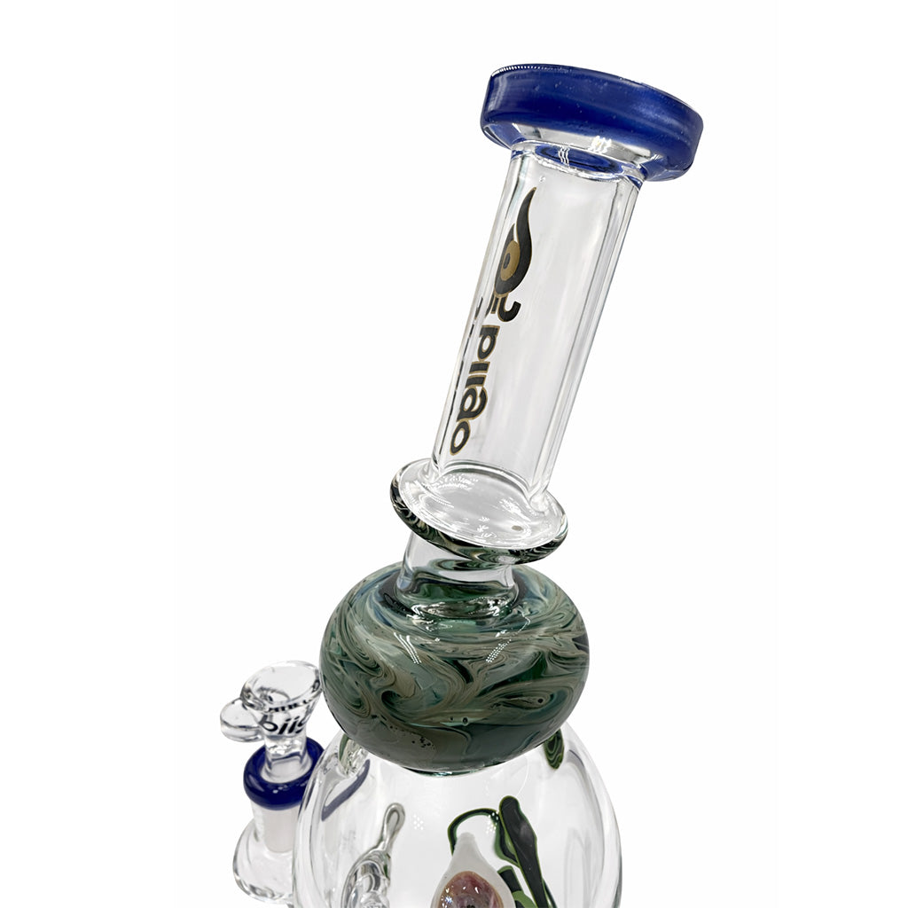 Angled view of BIIGO by Lookah 12 inch bent neck dab rig with blue and green accents 