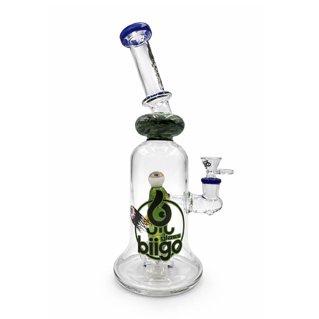 Closeup of BIIGO by Lookah 12 inch dab rig showing the internal perc chamber and logo 