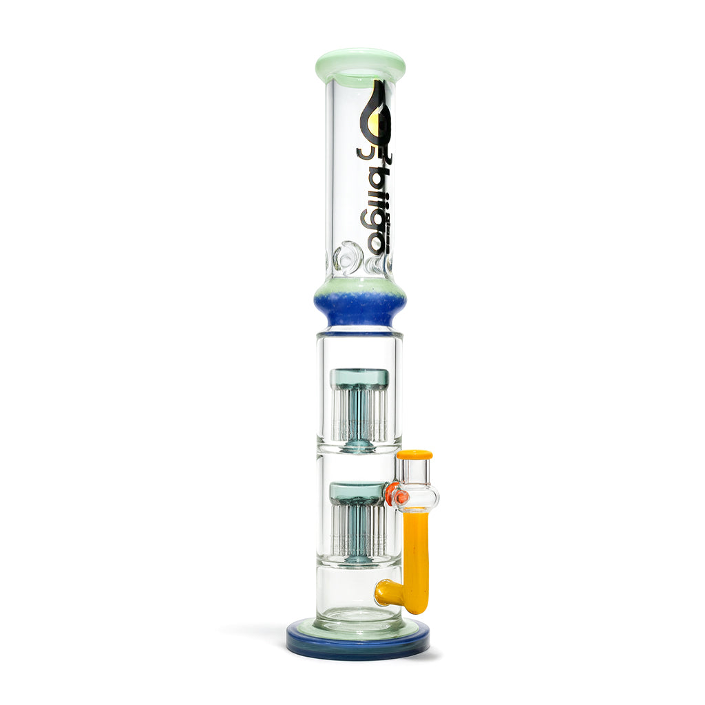 BIIGO by Lookah 12 inch double perc glass dab rig with stacked percolators, clear body, and colorful accents on a white background