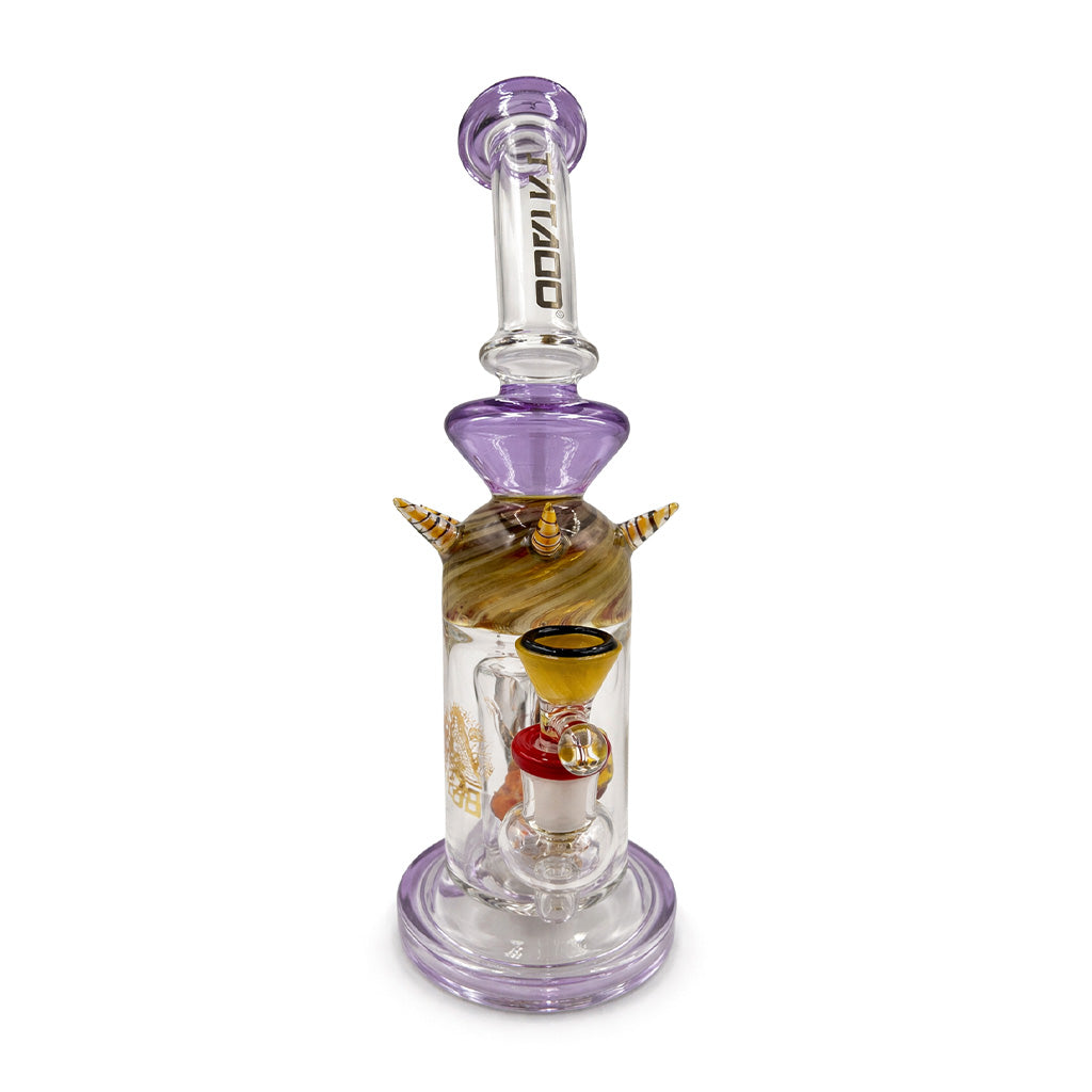 Closeup of BIIGO by Lookah 12 inch poly horned spectacle perc rig showing the horned top, purple accent glass, and included bowl 