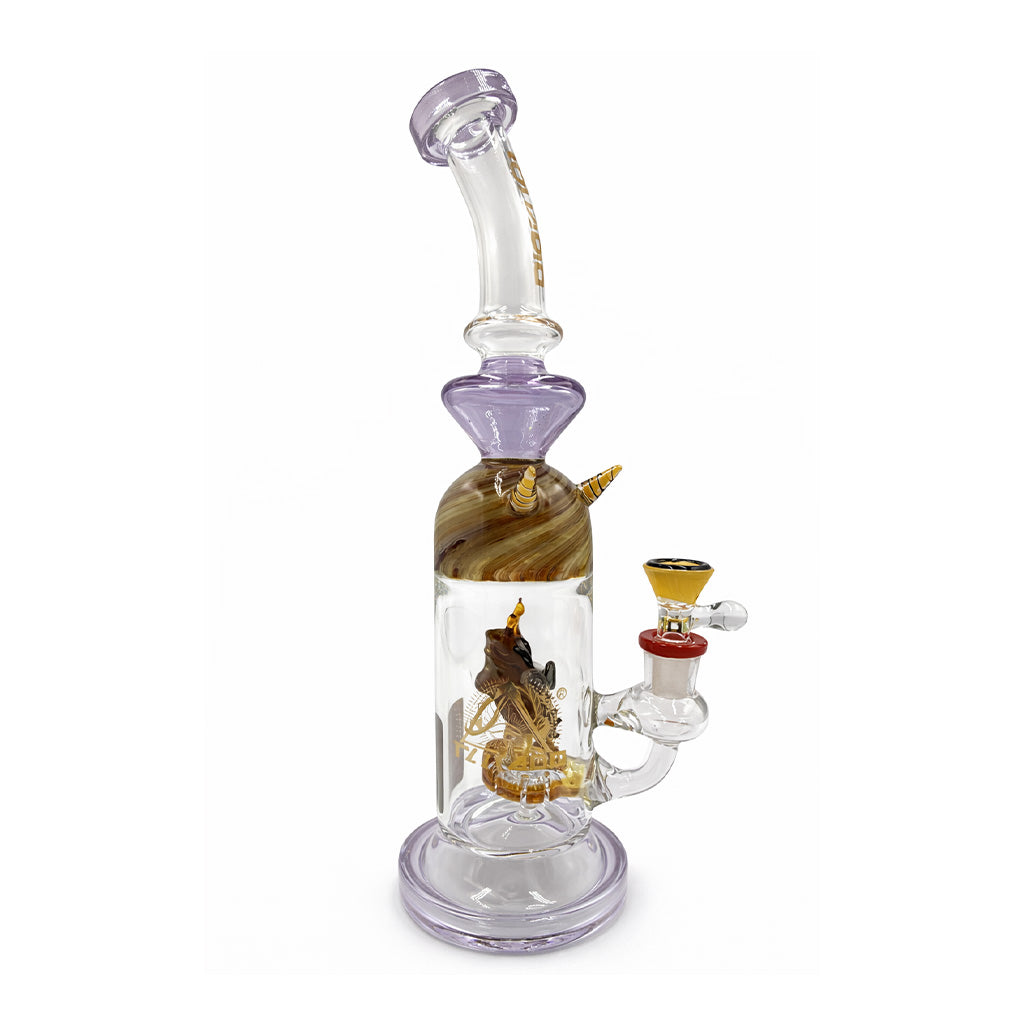 Side view of BIIGO by Lookah 12 inch poly horned spectacle perc rig with curved neck, purple base, and bowl attachment