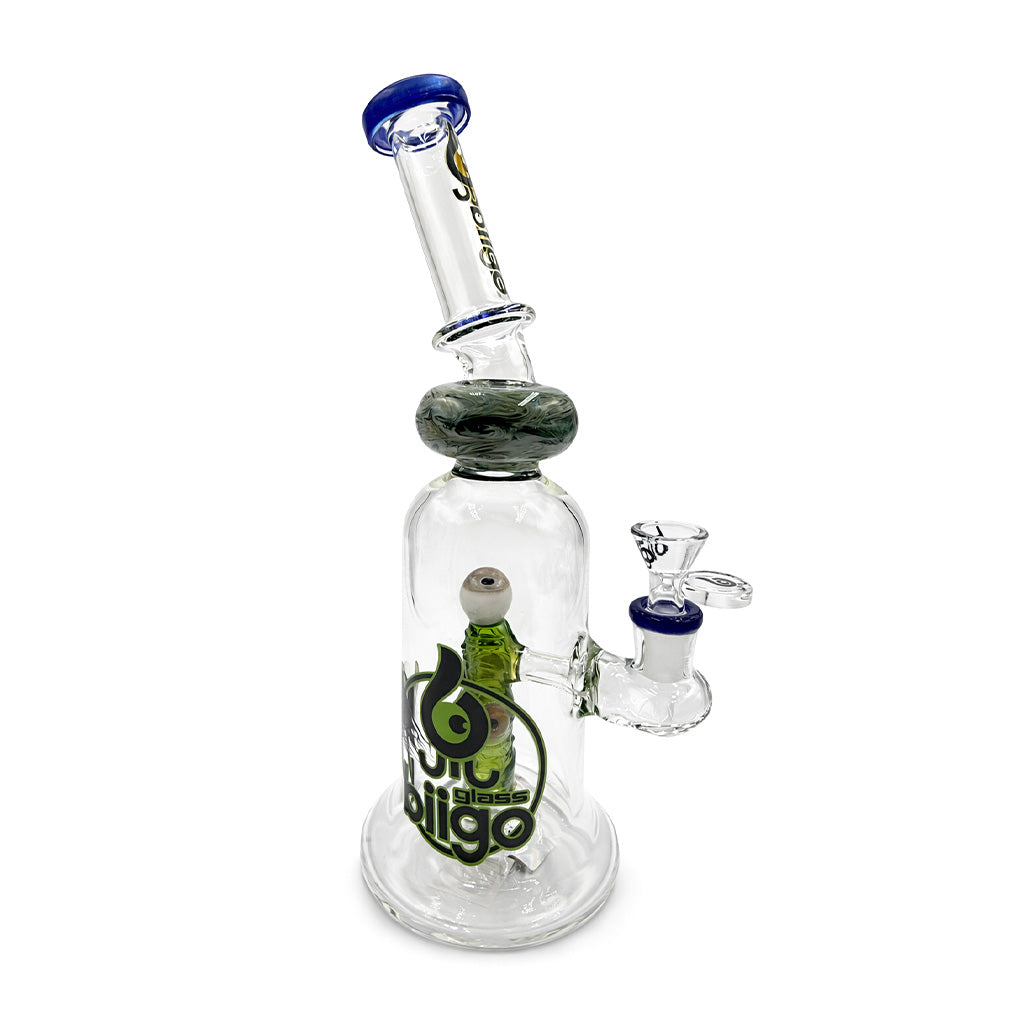 Detail view of BIIGO by Lookah dab rig mouthpiece and marbled neck section with blue lip 