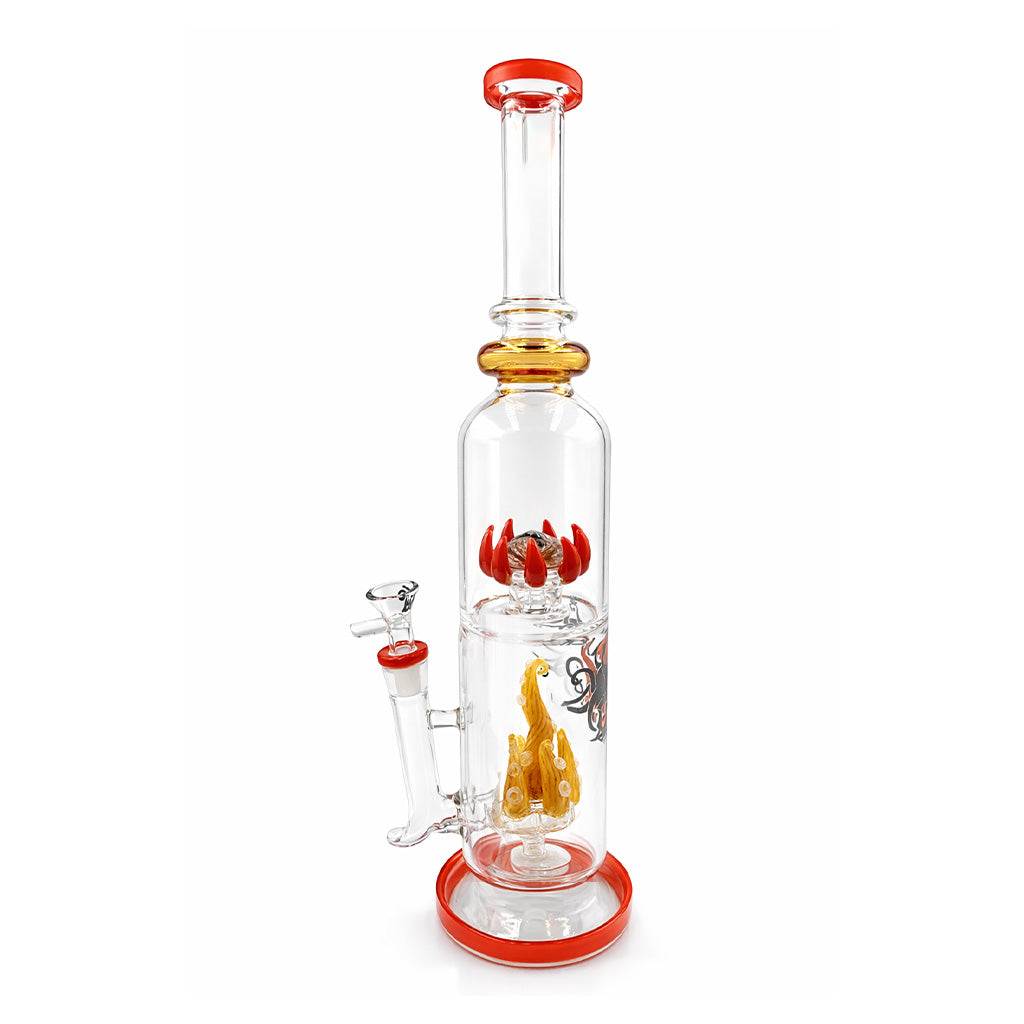 Orange BIIGO Duo CreepGaze and TentaFun Perc Rig side view showing clear glass bowl, tall chamber, and detailed worked perc design for online purchase