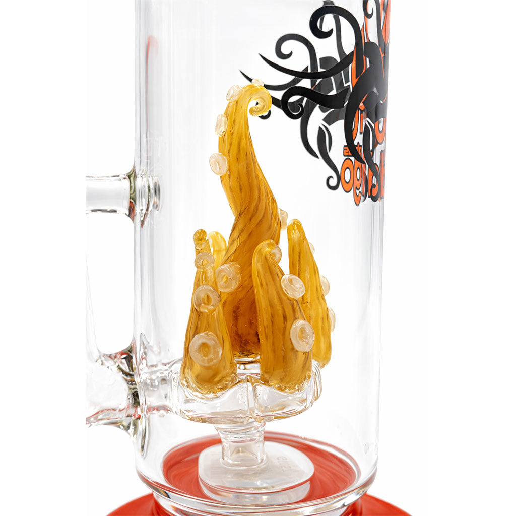 Close-up of the orange TentaFun perc inside the BIIGO by Lookah rig showing sculpted tentacle-style worked glass for shoppers buying premium dab rigs online 