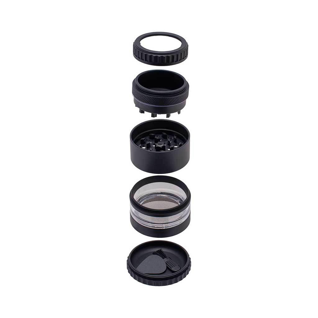 Black 5-Piece Herb Grinder with Magnifying Lid And Kief Catcher Parts Displayed