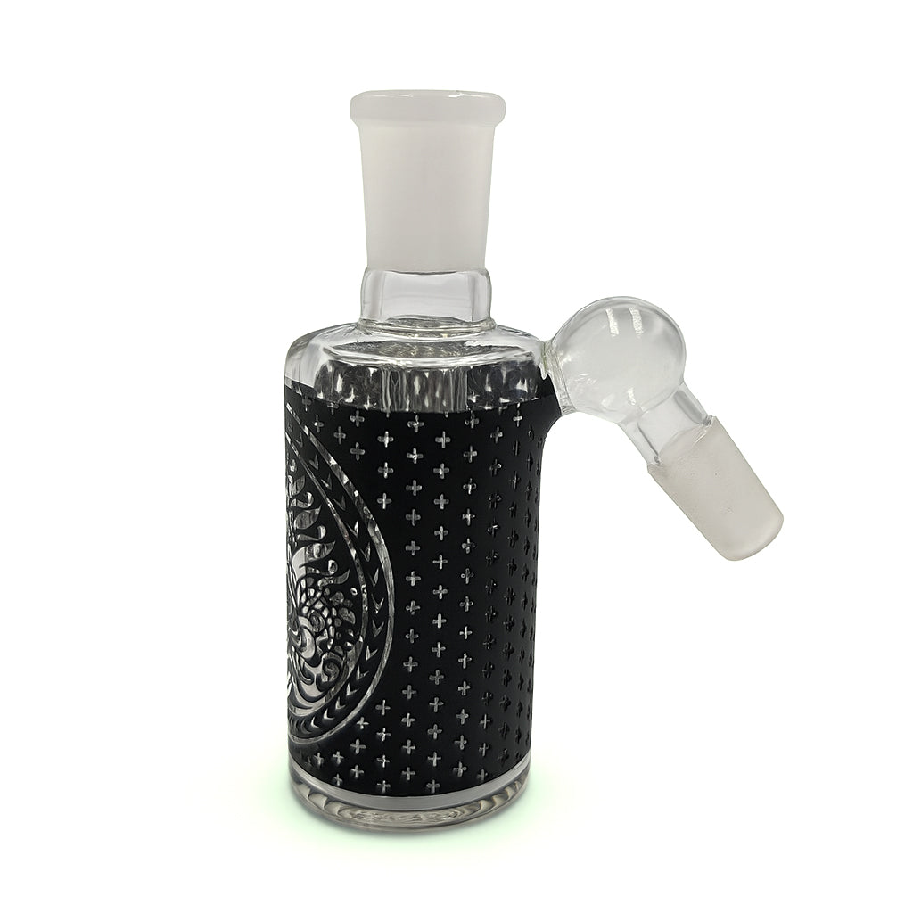 Black Tribal Ash Catcher – 14mm 45-degree angle with showerhead perc, perfect for smoother sessions, available at Honeybee Herb