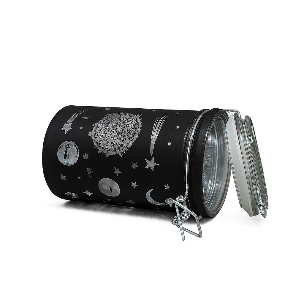 Black Frosted Galaxy 6-Inch Storage Jar Lockable Lid View by Ted Miller Innovations With Planet Design