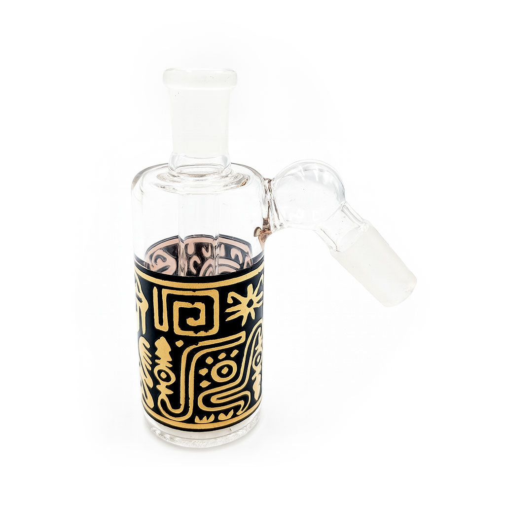 Black and Gold Tribal Ash Catcher – 14mm 45-degree angle with showerhead perc, perfect for smoother sessions, available at Honeybee Herb