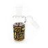 Black and Gold Tribal Ash Catcher – 14mm 45-degree angle with showerhead perc, perfect for smoother sessions, available at Honeybee Herb