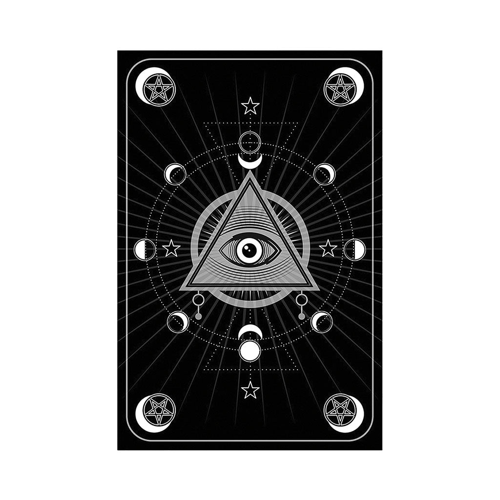 Buy Black Magik tapestry featuring mystical occult design with all-seeing eye, perfect for wall decor, smoke rooms, or meditation spaces.