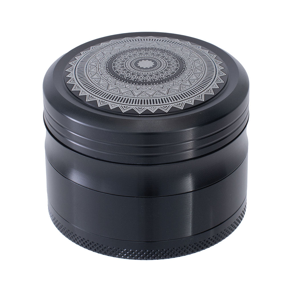 Black Mandala design herb grinder with engraved lid, 4-piece aluminum build 