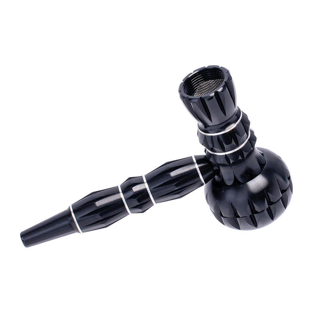 Durable black ribbed metal smoking pipe featuring built-in grinder – shop now