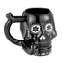 Black Skull Premium Roast and Toast pipe mug with glossy black finish, white floral skull artwork, built-in front bowl, and curved handle