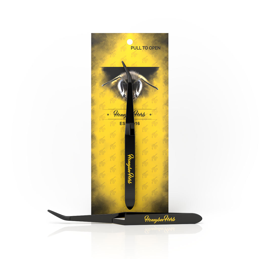 Black Stainless Steel Curved Tipped Reverse Tweezers Yellow Packaging