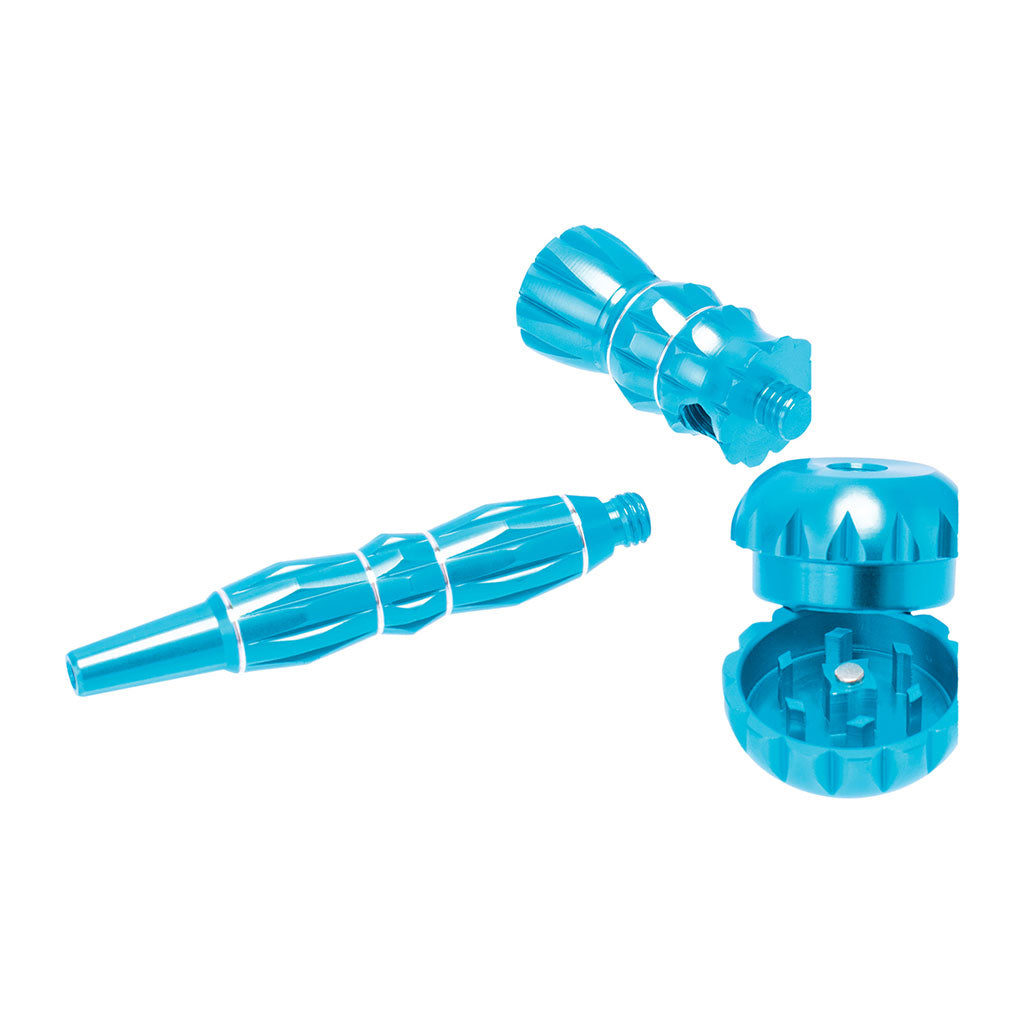 Blue aluminum ribbed smoking pipe with built-in grinder – order online today