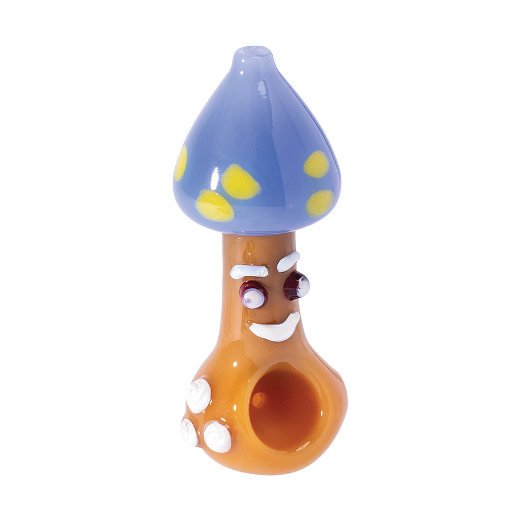 Buy Blue Brown Smiley Mushroom glass spoon pipe – durable, compact, smooth draw. Fast shipping from Honeybee Herb.