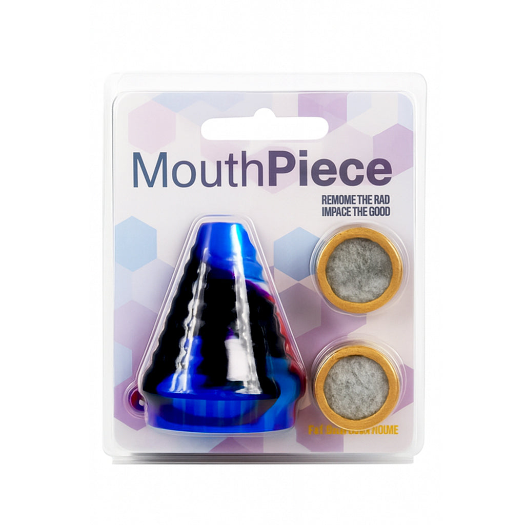 Retail packaging of Blue Camo Silicone Filter Mouthpiece with two filter discs – shop online now at Honeybee Herb for fast delivery.