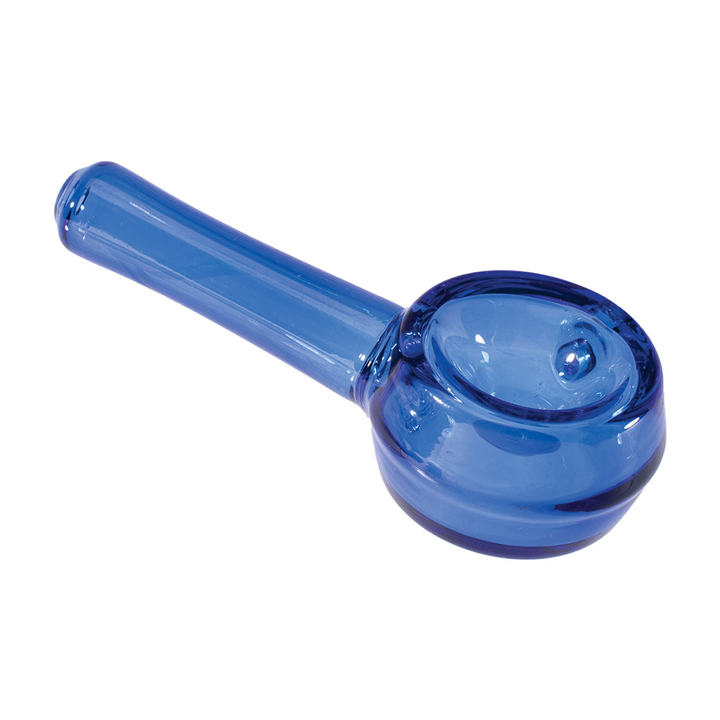 blue cylinder glass spoon hand pipe with rounded bowl, durable borosilicate glass pipe, buy online at honeybee herb
