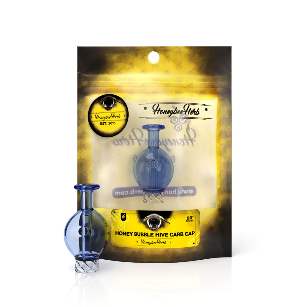 Honey Hive Bubble Auto Spin 30mm Outer & 16mm Spout Diameter Blue Glass Carb Cap Packaging View