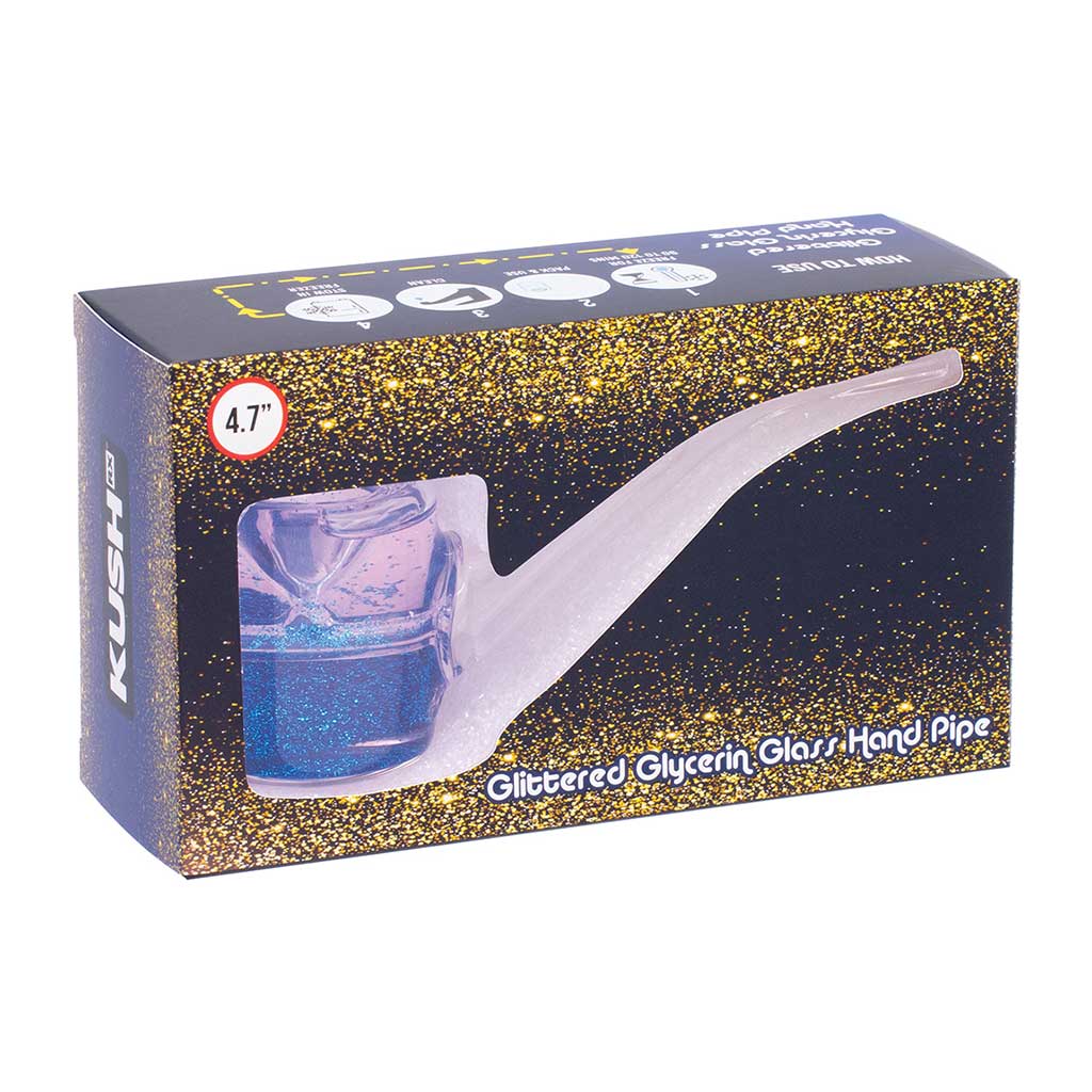 Retail-ready blue liquid glitter Sherlock hand pipe in branded box 