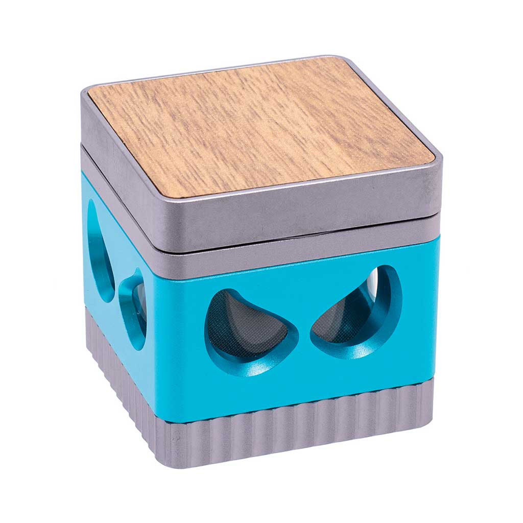 Blue Harlequin square grinder with wooden top and sturdy aluminum body for smooth, stylish herb grinding 