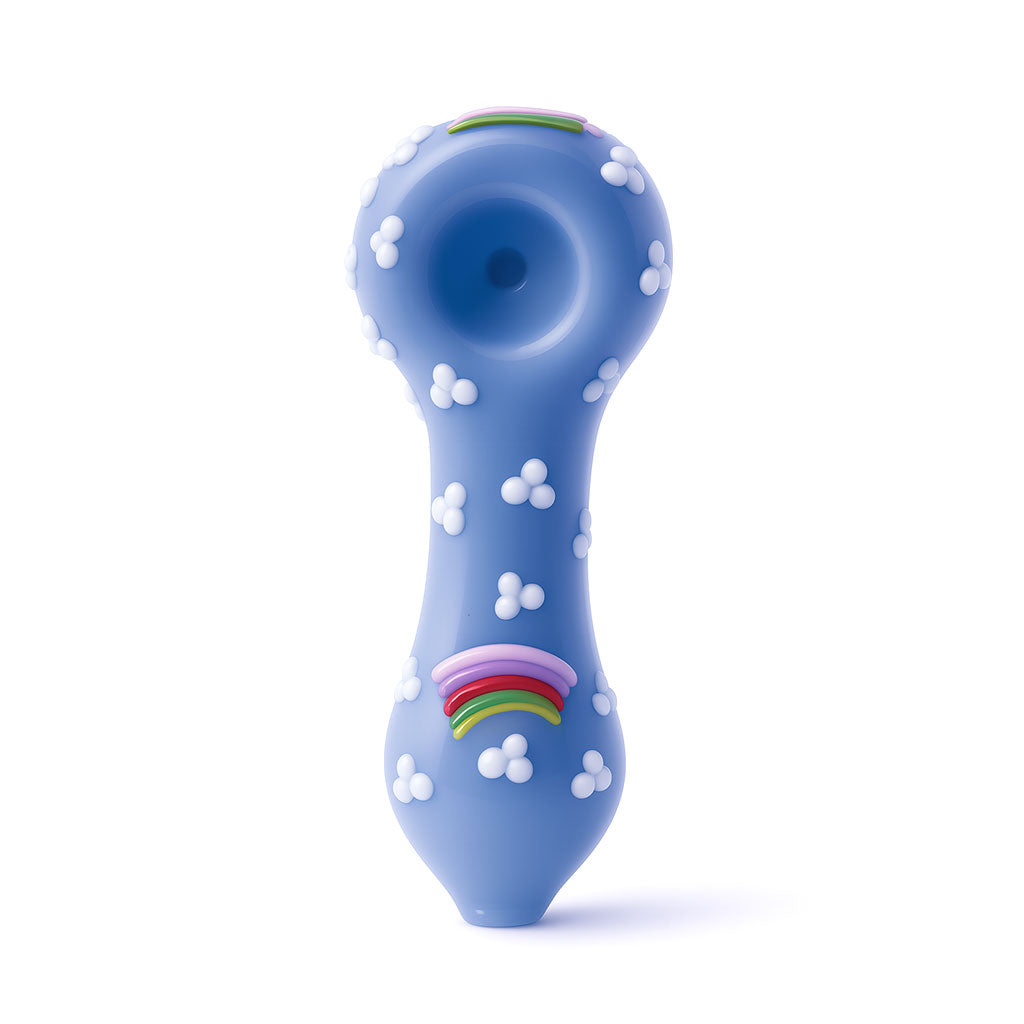 blue rainbow glass hand pipe with raised cloud accents, durable spoon pipe for smooth hits, buy at honeybee herb