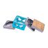 Blue square Harlequin grinder fully disassembled showing all parts including sifter, scraper, and sharp grinder blades