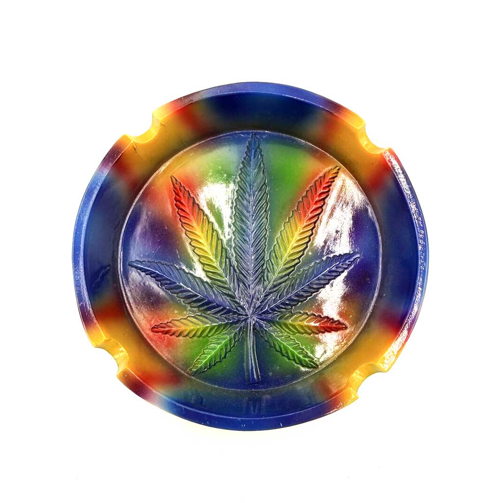 Blue tie dye polystone round ashtray with colorful leaf design, smoking accessory