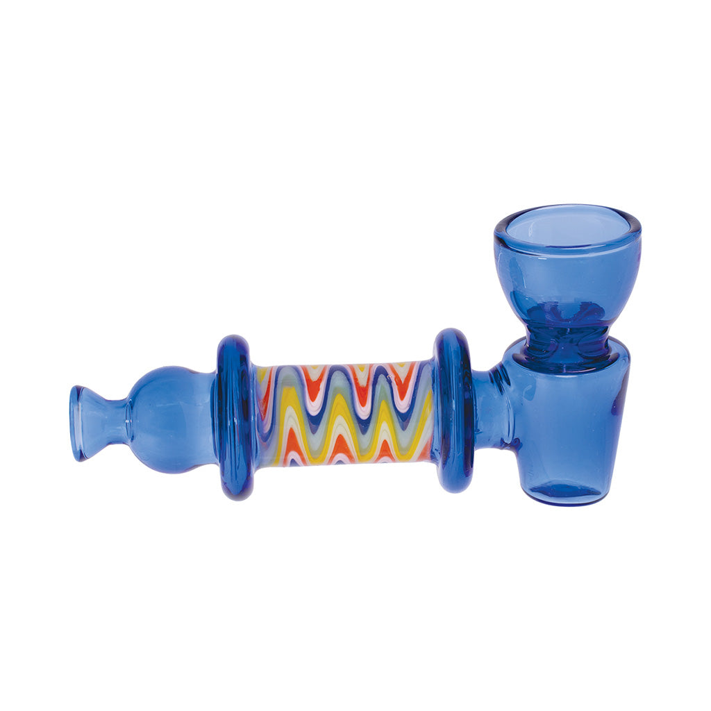 Buy Blue Wide Bowl Wig Wag glass hand pipe—wide bowl, sturdy glass, smooth hits. Fast shipping from Honeybee Herb.