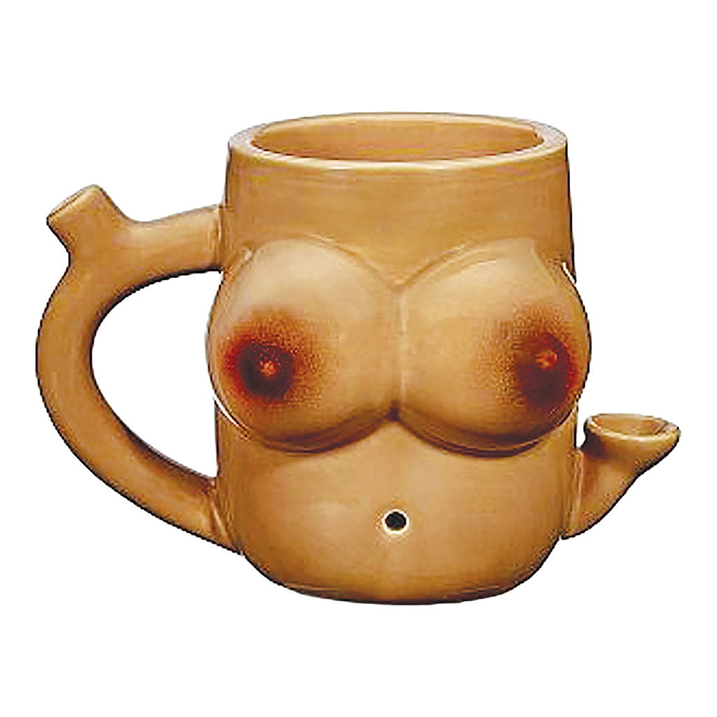 Boob Premium Roast and Toast Pipe Mug in tan ceramic style with handle, side pipe mouthpiece, and front novelty body design