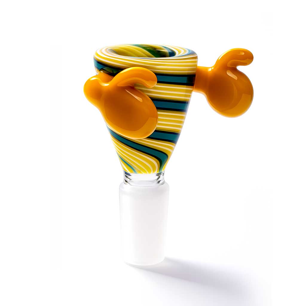 Yellow Boxing GOG glass bowl slide for bongs—secure grip handles, durable build; add to cart for quick delivery