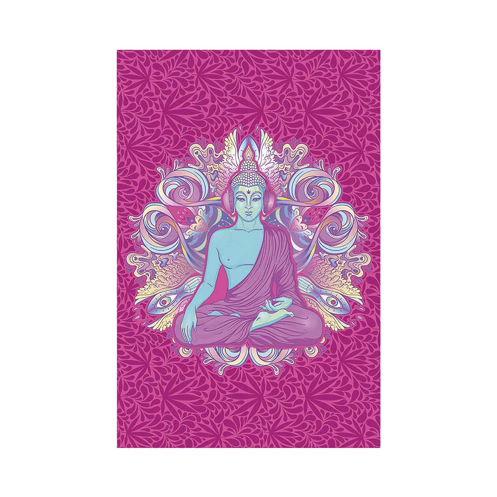 Buy Buddha Bud tapestry with psychedelic design, perfect for smoke rooms, meditation areas, or wall decor at Honeybee Herb.