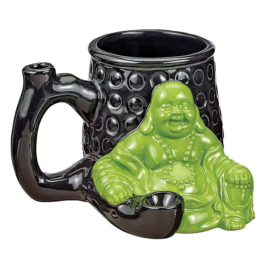 Buddha Premium Roast and Toast pipe mug with glossy black textured mug body, green Buddha figure, curved pipe-style handle, and built-in front bowl
