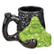 Buddha Premium Roast and Toast pipe mug with glossy black textured mug body, green Buddha figure, curved pipe-style handle, and built-in front bowl