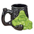 Buddha Premium Roast and Toast pipe mug with glossy black textured mug body, green Buddha figure, curved pipe-style handle, and built-in front bowl