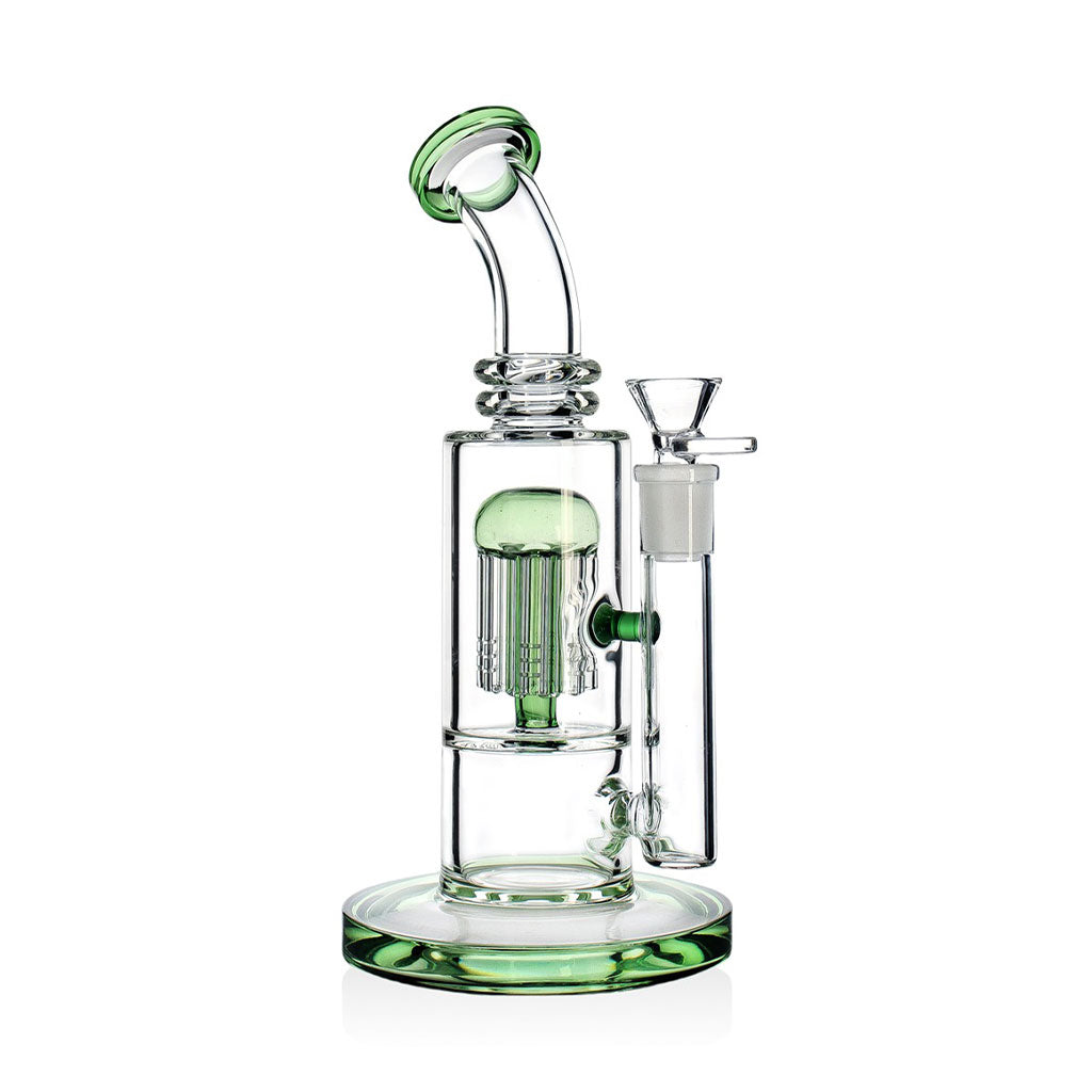 Buy the green Jellyfish percolator bent neck bong—clear view of jellyfish perc and wide base.