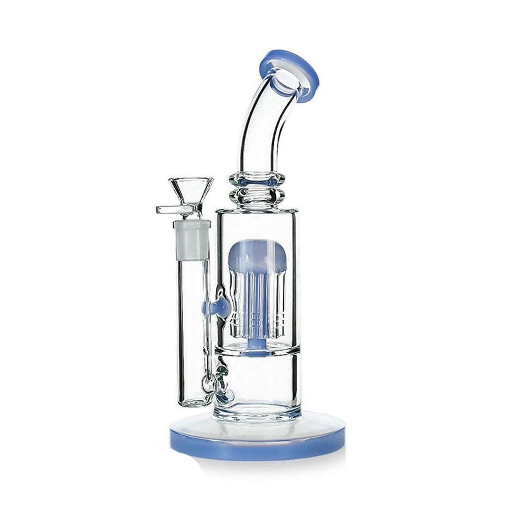 Order the milk blue Jellyfish percolator bent neck bong—compact glass water pipe with jellyfish perc.