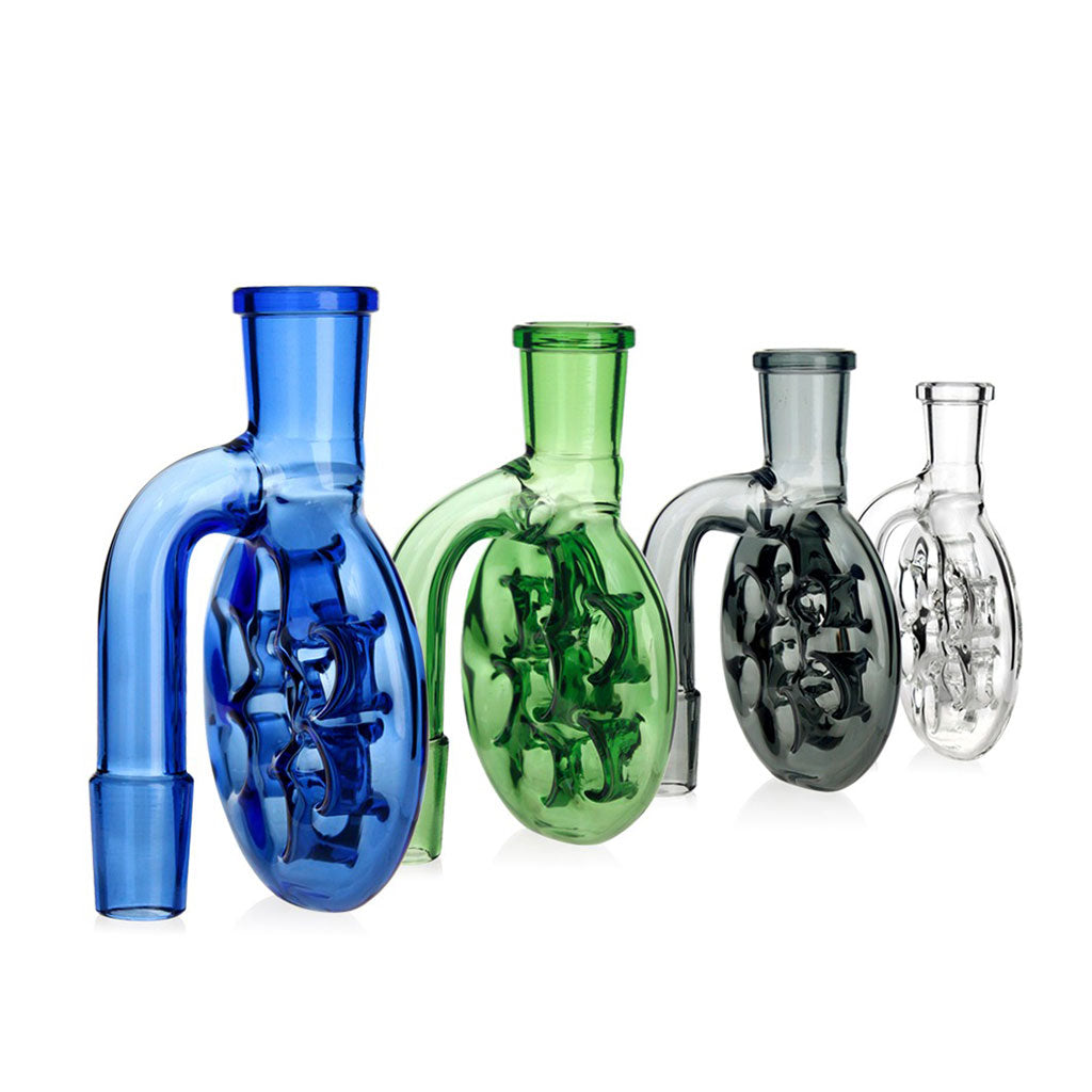 Swiss Perc style blue glass ash catcher for oil burner bongs – for sale at Honeybee Herb