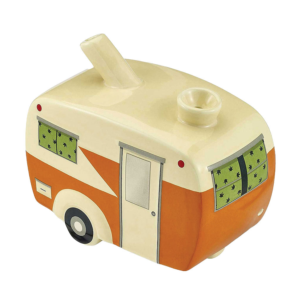 Camper hand pipe with ceramic camper van body, colorful side panel design, side bowl, carb hole, and glossy novelty finish