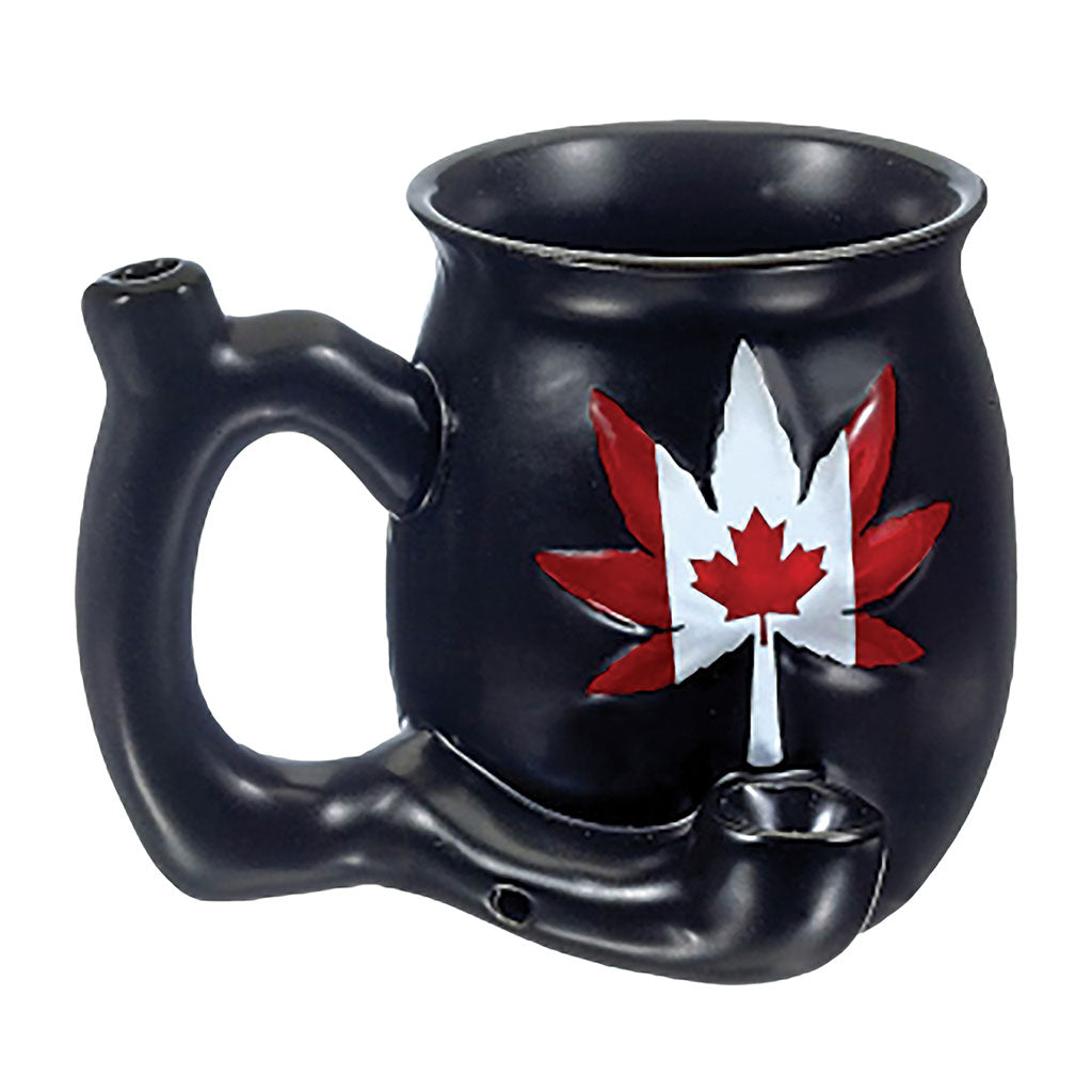 Black Canadian Leaf chubby roast and toast pipe mug with glossy finish, red and white leaf artwork, built-in front bowl, side carb hole, and curved handle