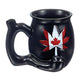 Black Canadian Leaf chubby roast and toast pipe mug with glossy finish, red and white leaf artwork, built-in front bowl, side carb hole, and curved handle