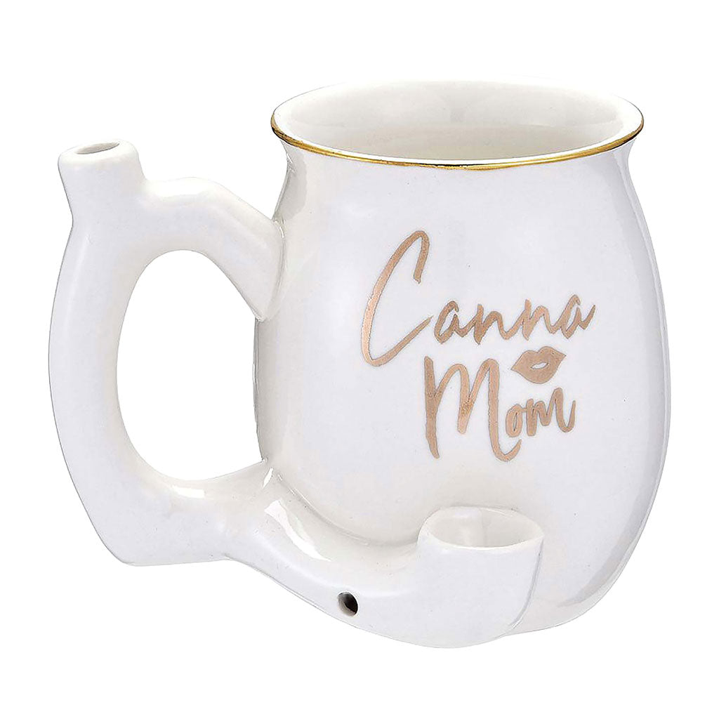 White Canna Mom chubby roast and toast pipe mug with glossy finish, gold rim, built-in front bowl, curved pipe-style handle, and carb hole