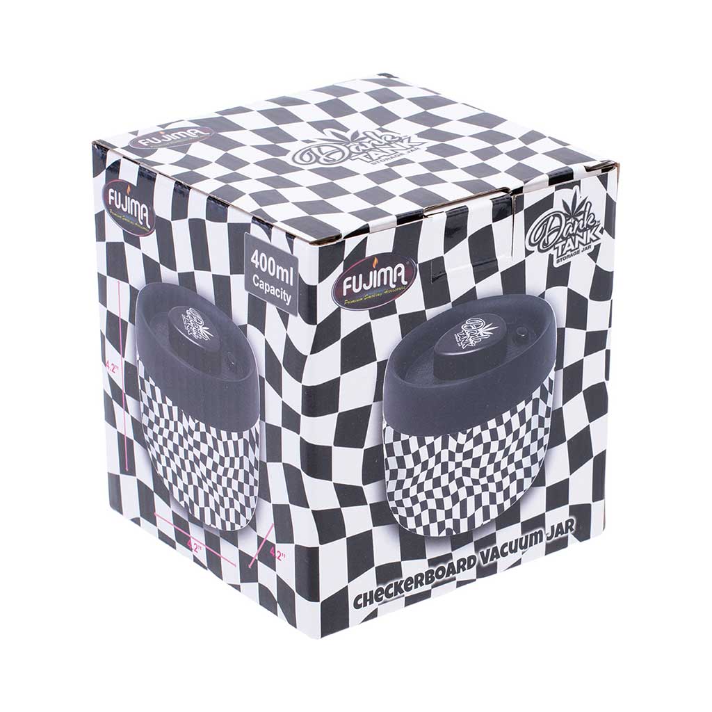 Checkerboard Dank Tank Vacuum Jar packaging, 400ml odor-locking jar, secure checkout at Honeybee Herb.