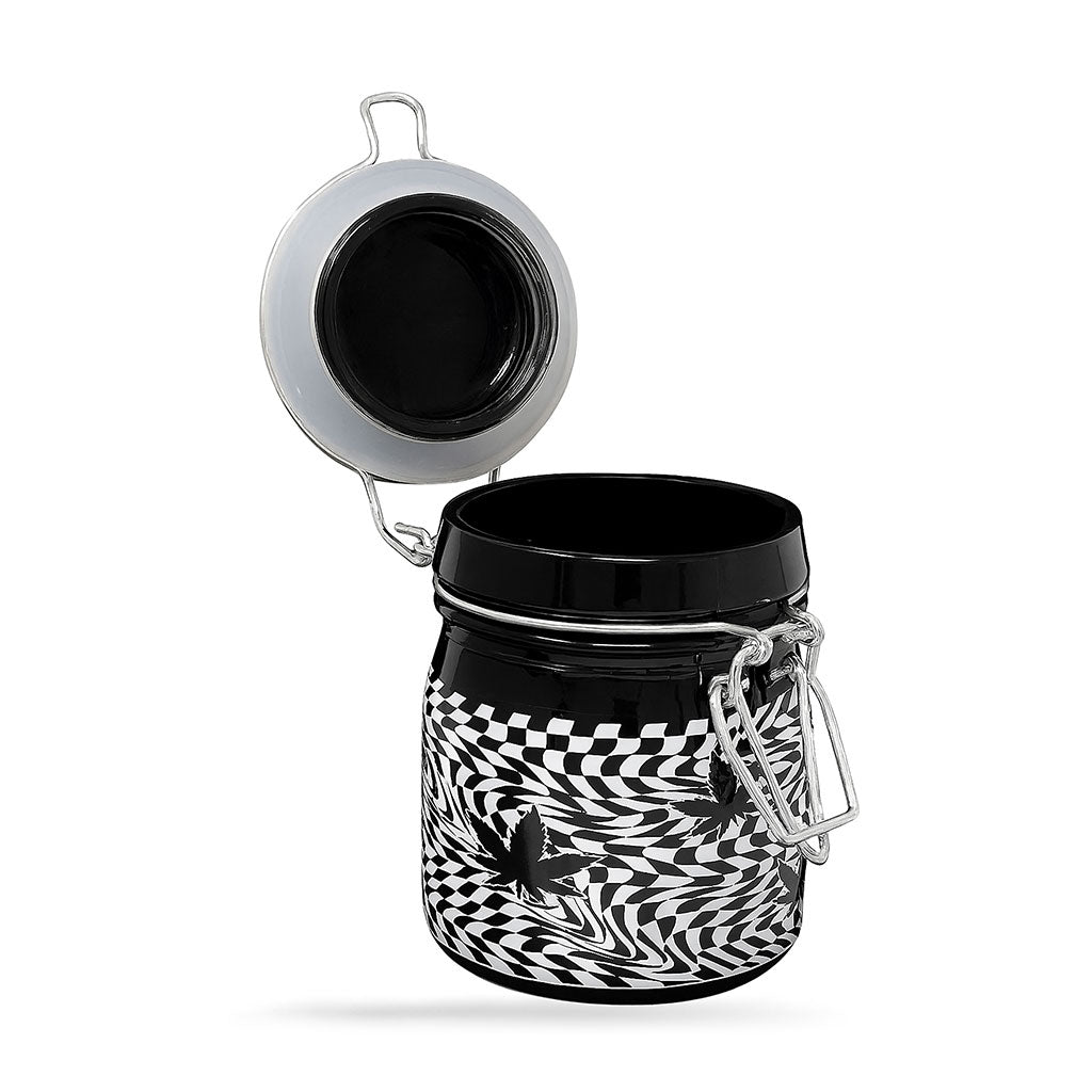 Top View Of Open Checkerboard Leaf Jar With Airtight Clamping Lid By Ted Miller Inno. – Psychedelic Black & White Pattern. 
