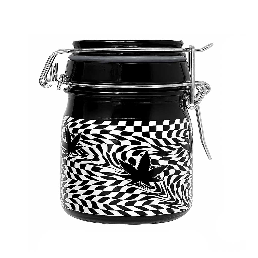 Front-Facing Ted Miller Checkerboard Leaves Jar With Black & White Trippy Pattern & Latch Lid At Honeybee Herb.